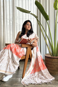 Mrinal - ivory cotton silk saree with coral florals