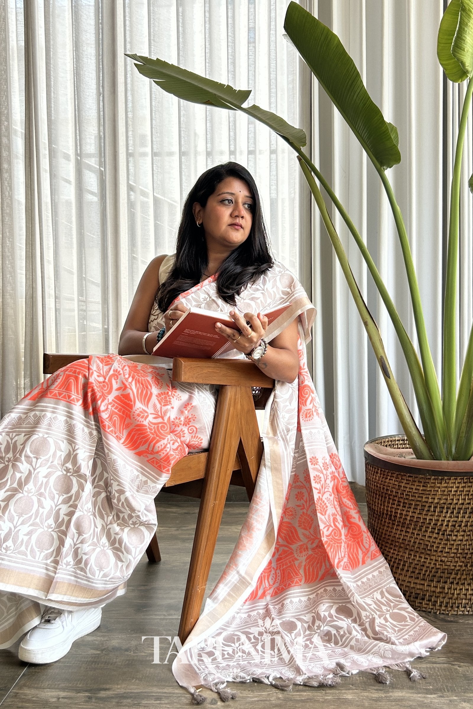 Mrinal - ivory cotton silk saree with coral florals