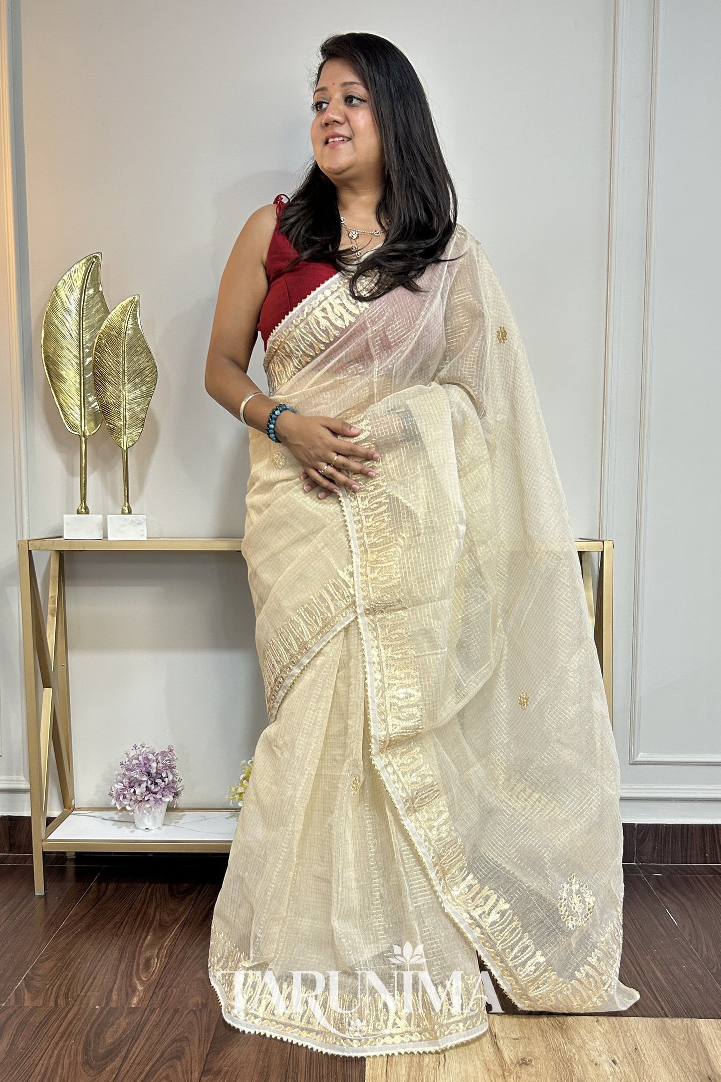 Sunlit Doria - ivory Kota Doria with gold zari stripes