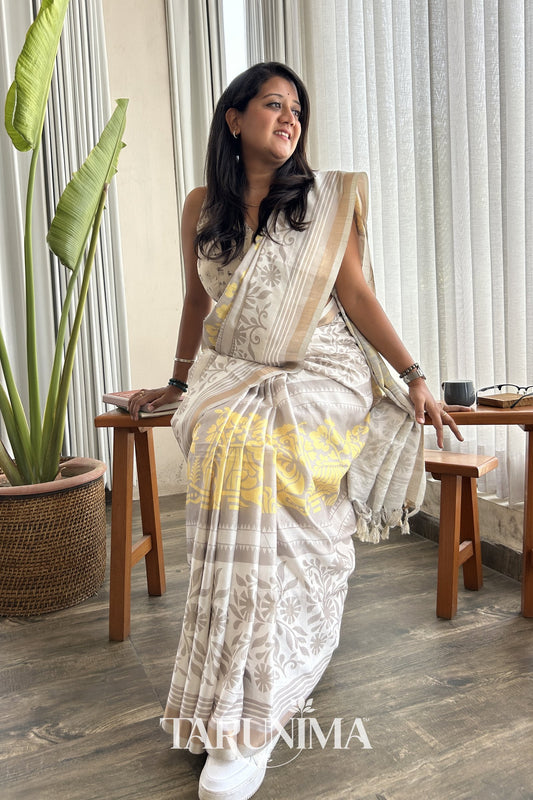 Daaman - ivory cotton silk saree with yellow motifs