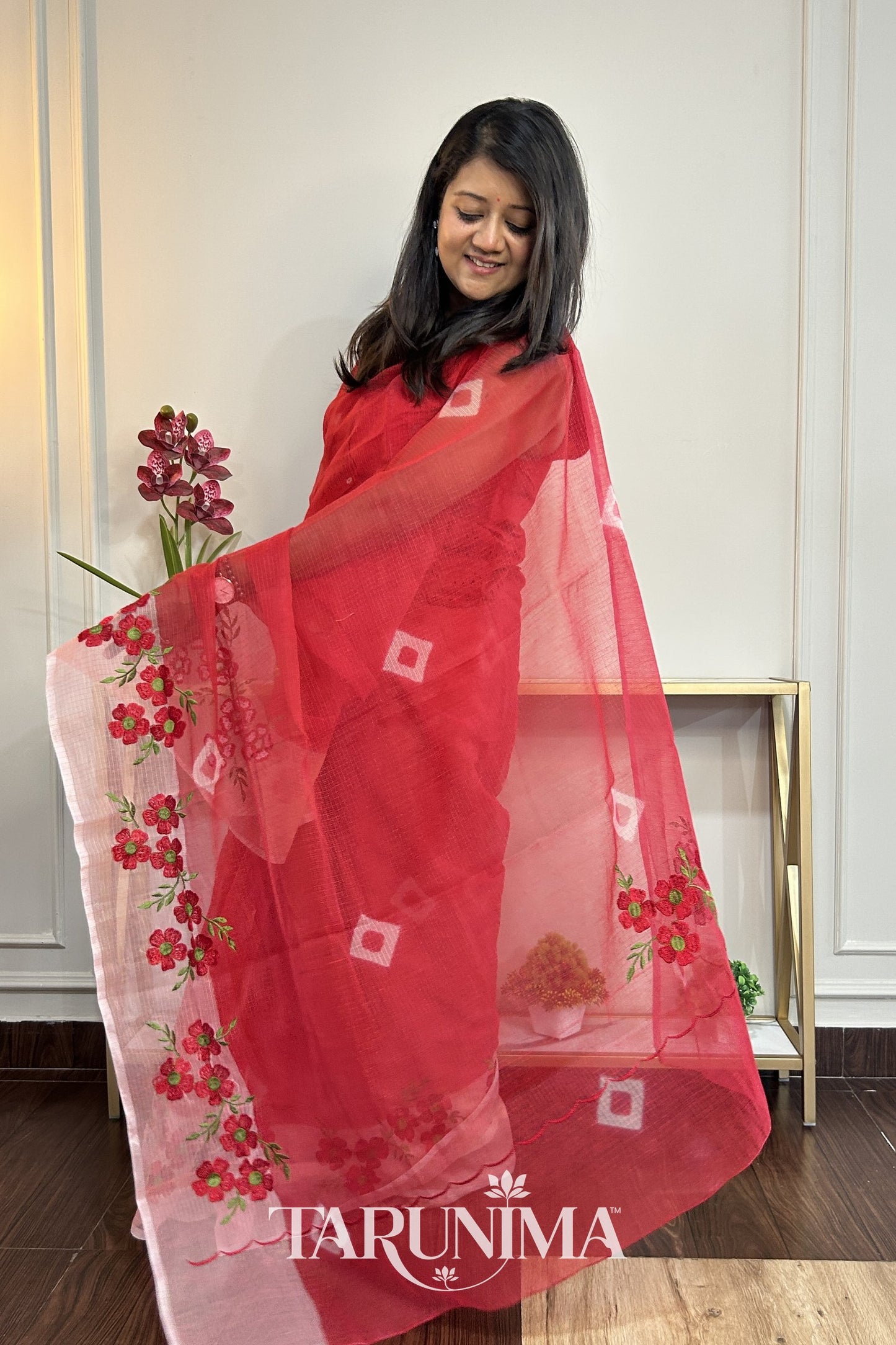 Rosette Tales - red Kota Doria with rose embroidery