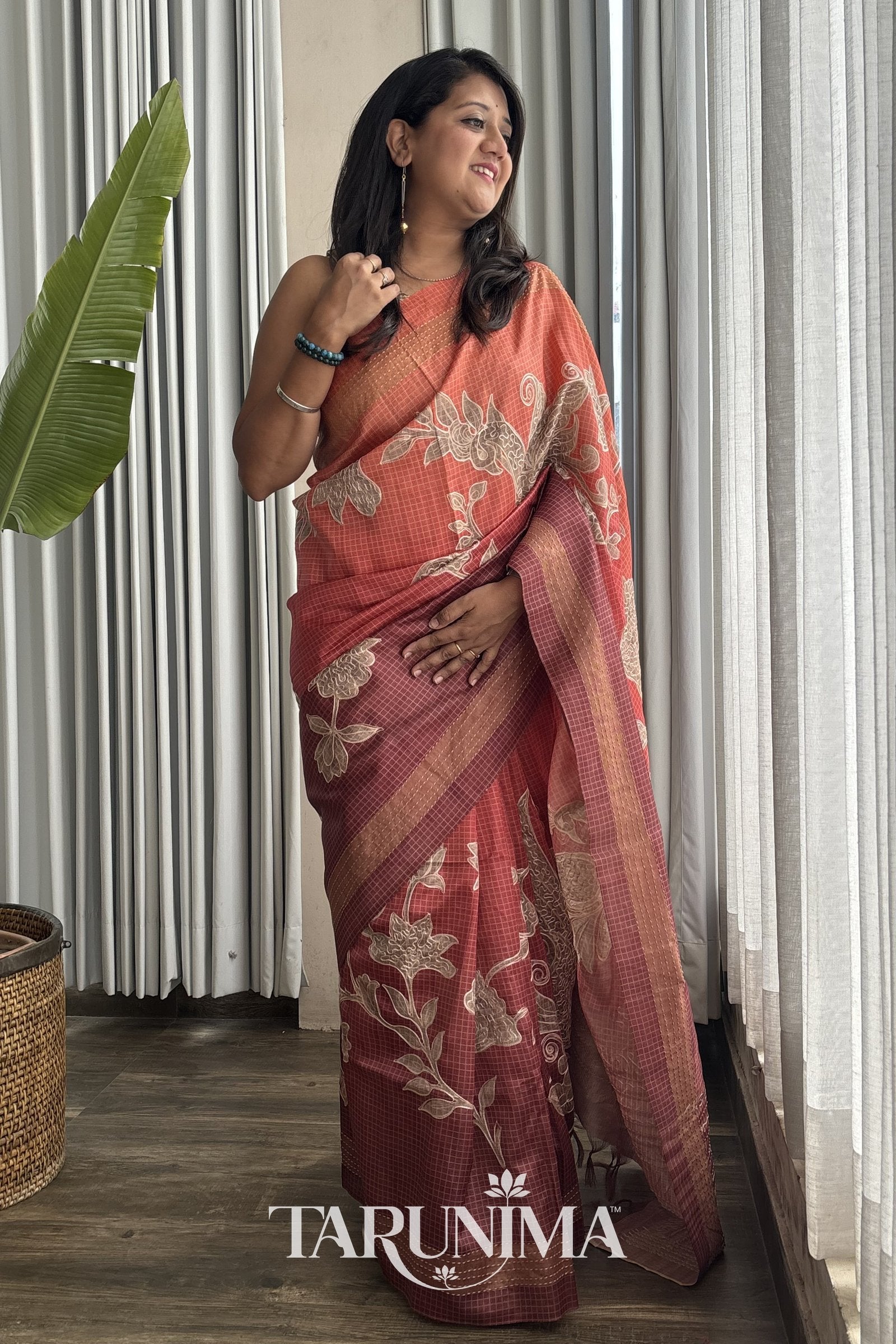 Sunset Bloom - dusky pink Tussar silk saree