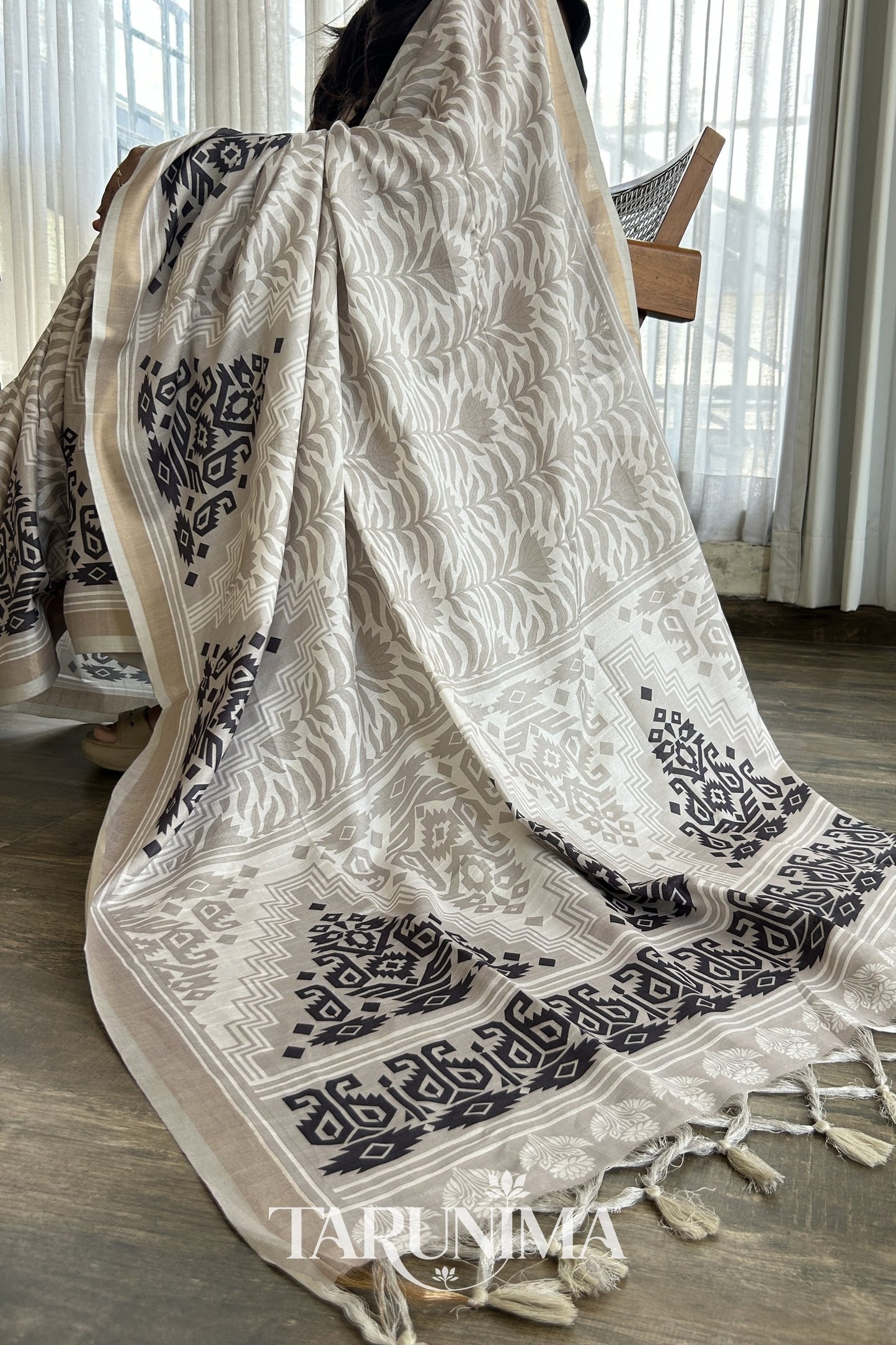 Riva - ivory cotton silk saree with charcoal motifs