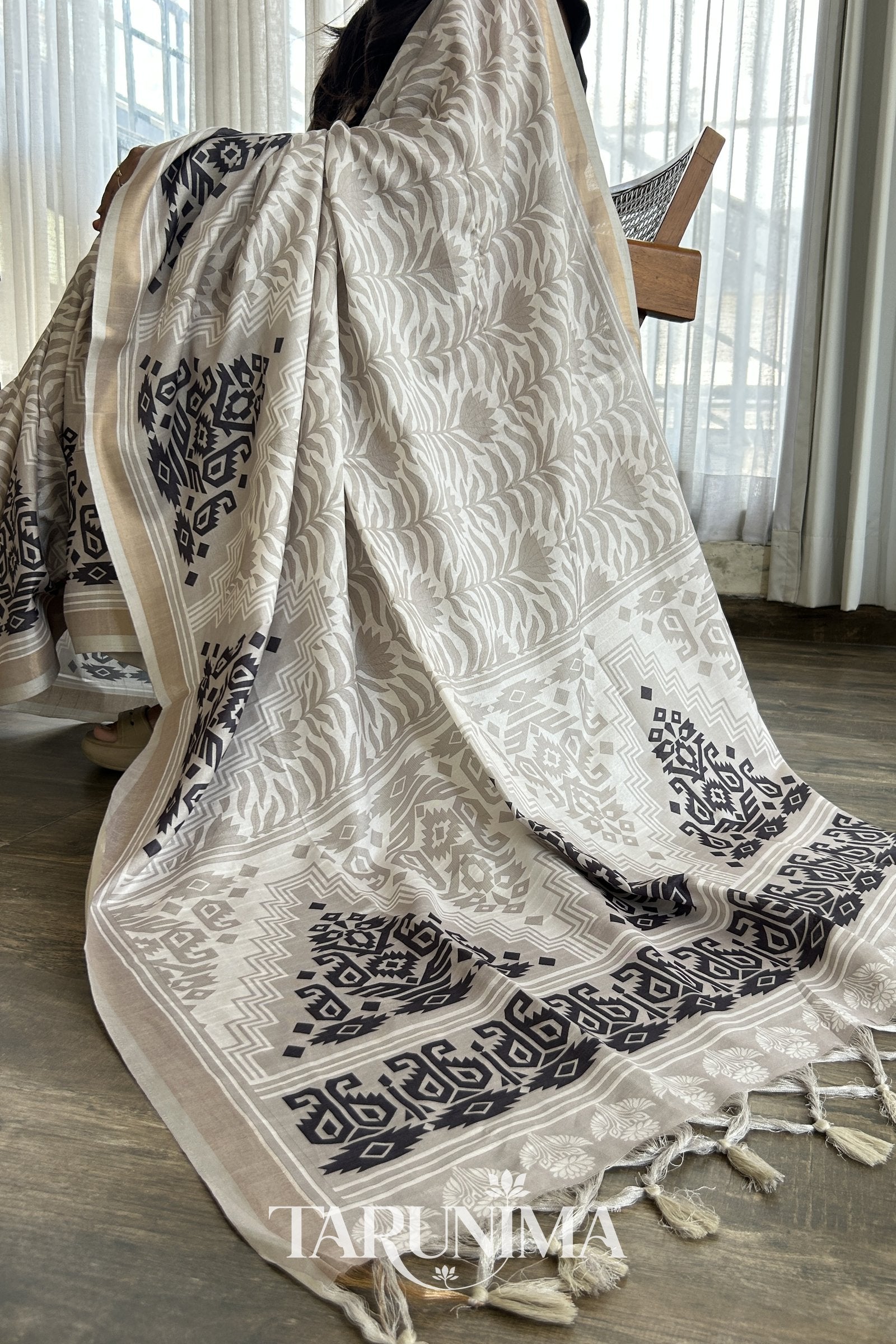 Riva - ivory cotton silk saree with charcoal motifs