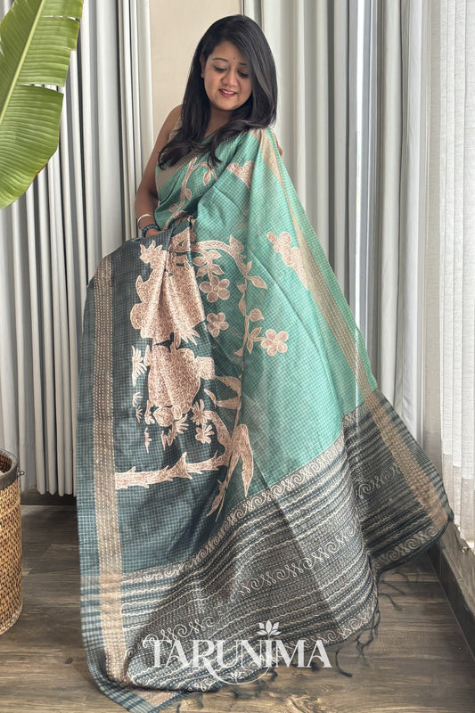 Tribal Grove - forest green Tussar silk saree