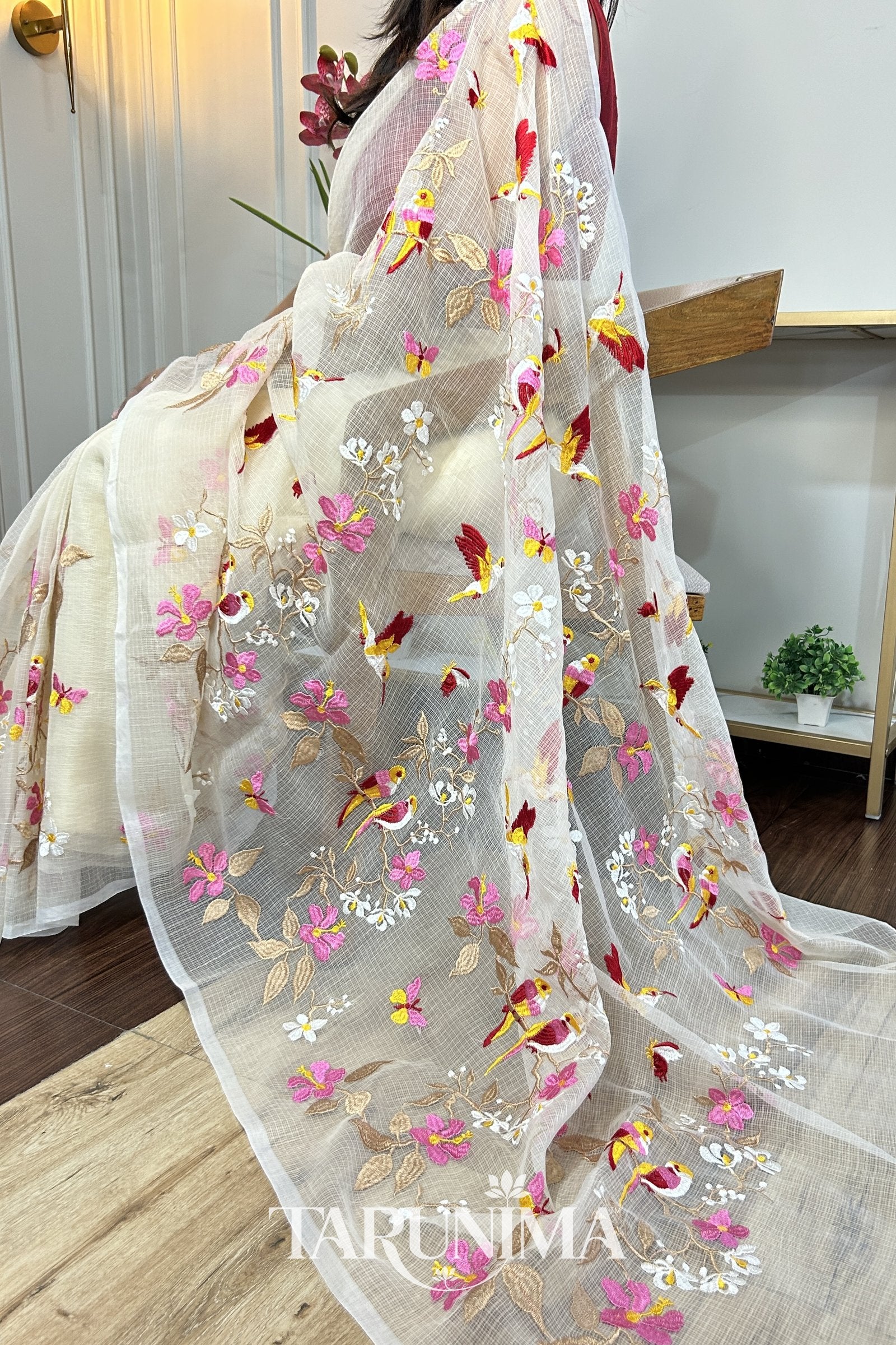 Whispering Garden - ivory Kota Doria saree
