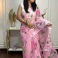 Pink Meadow - pink Kota Doria with hand painted tulips