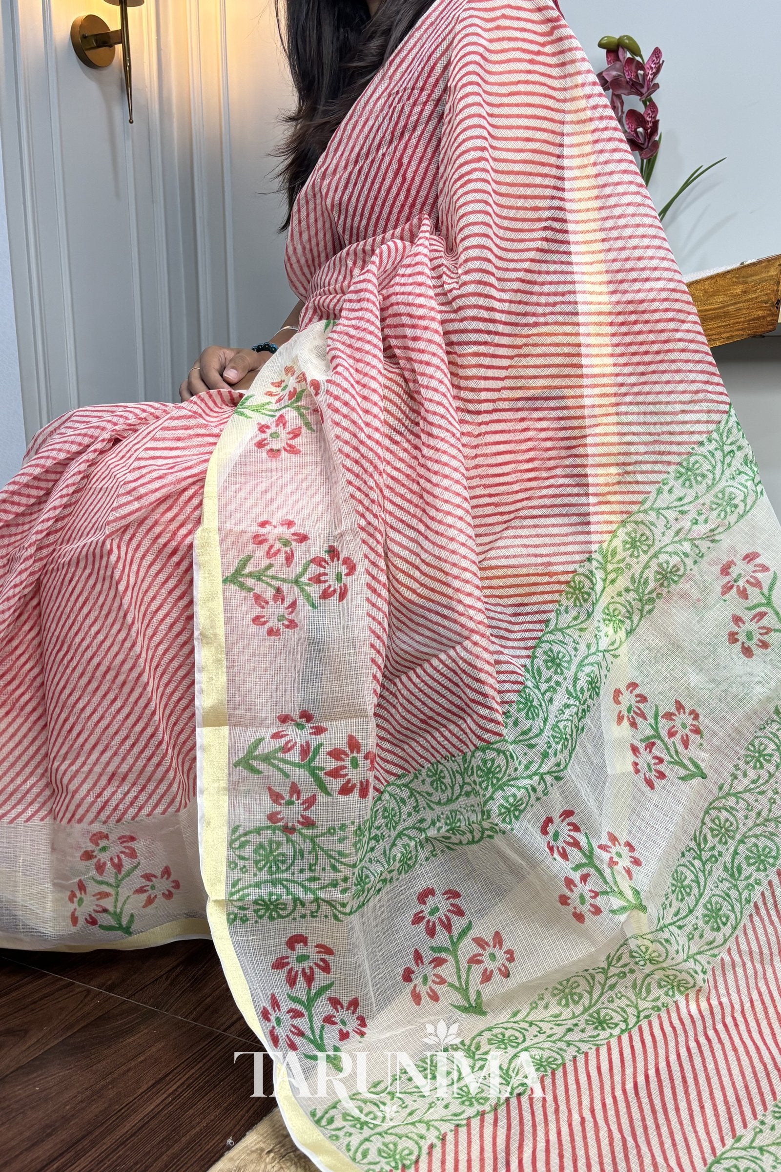 Gulnaar - coral pink Kota Doria leheriya saree