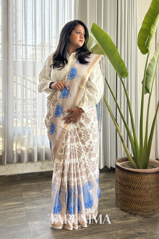 Aasma - ivory cotton silk saree with blue paisley