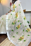 Yellow Meadow - ivory Kota Doria with hand painted tulips