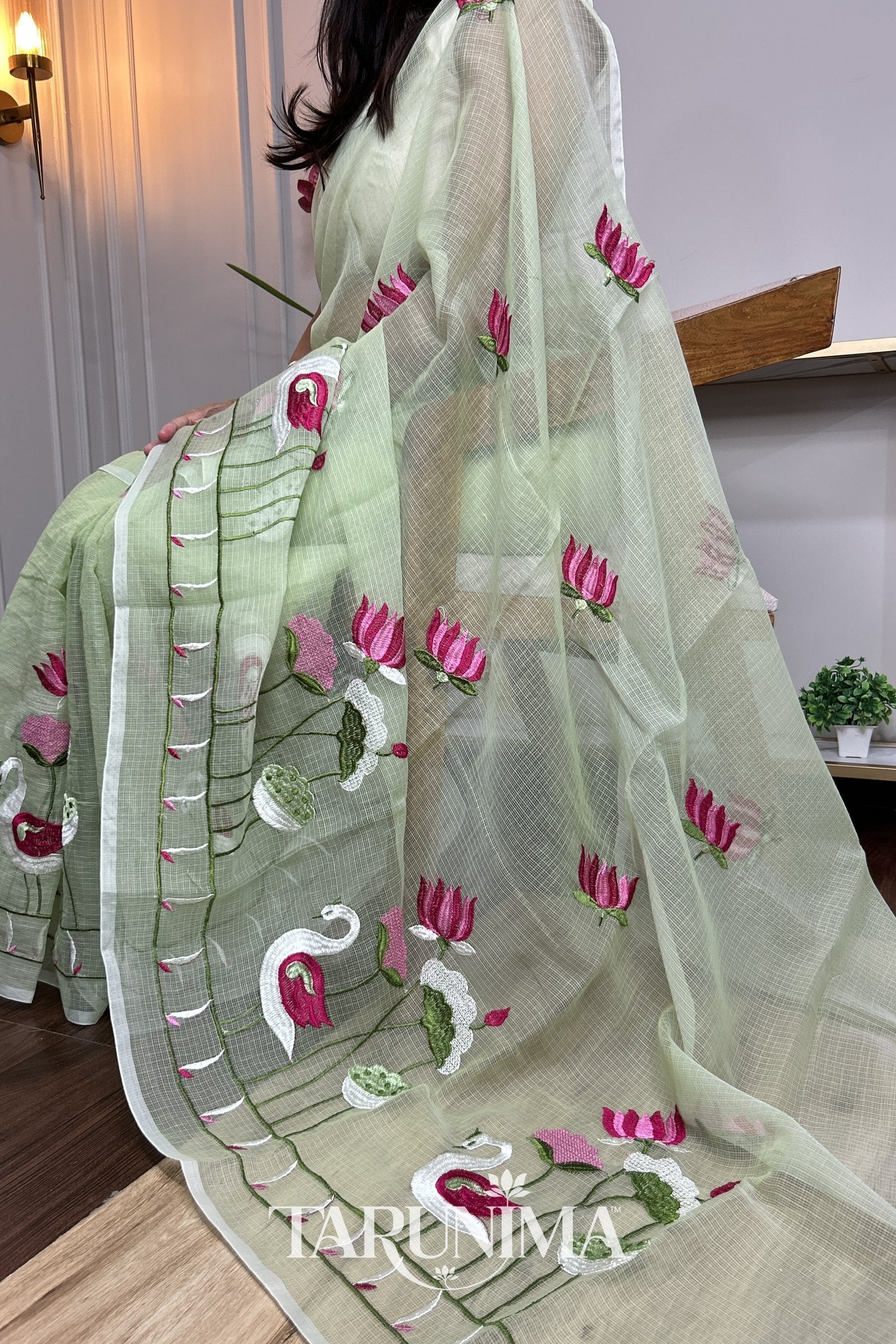 Verdant Swan - sage green Kota Doria saree