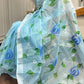 Aqua Meadow - aqua Kota Doria with hand painted blue tulips