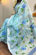 Aqua Meadow - aqua Kota Doria with hand painted blue tulips