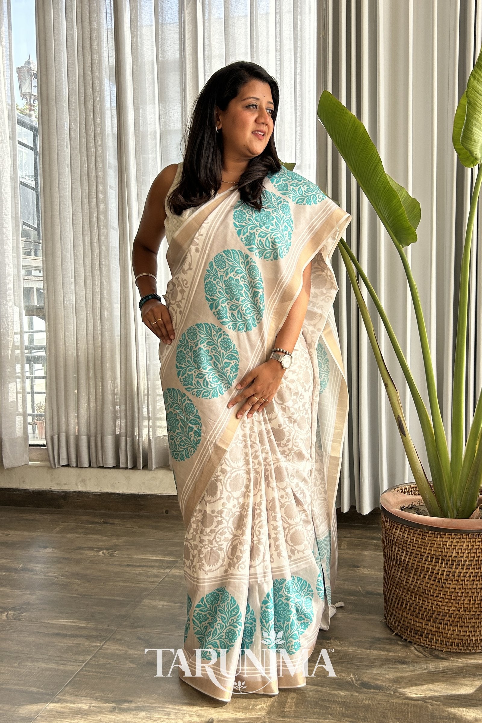 Tarini - ivory cotton silk saree with cyan paisley