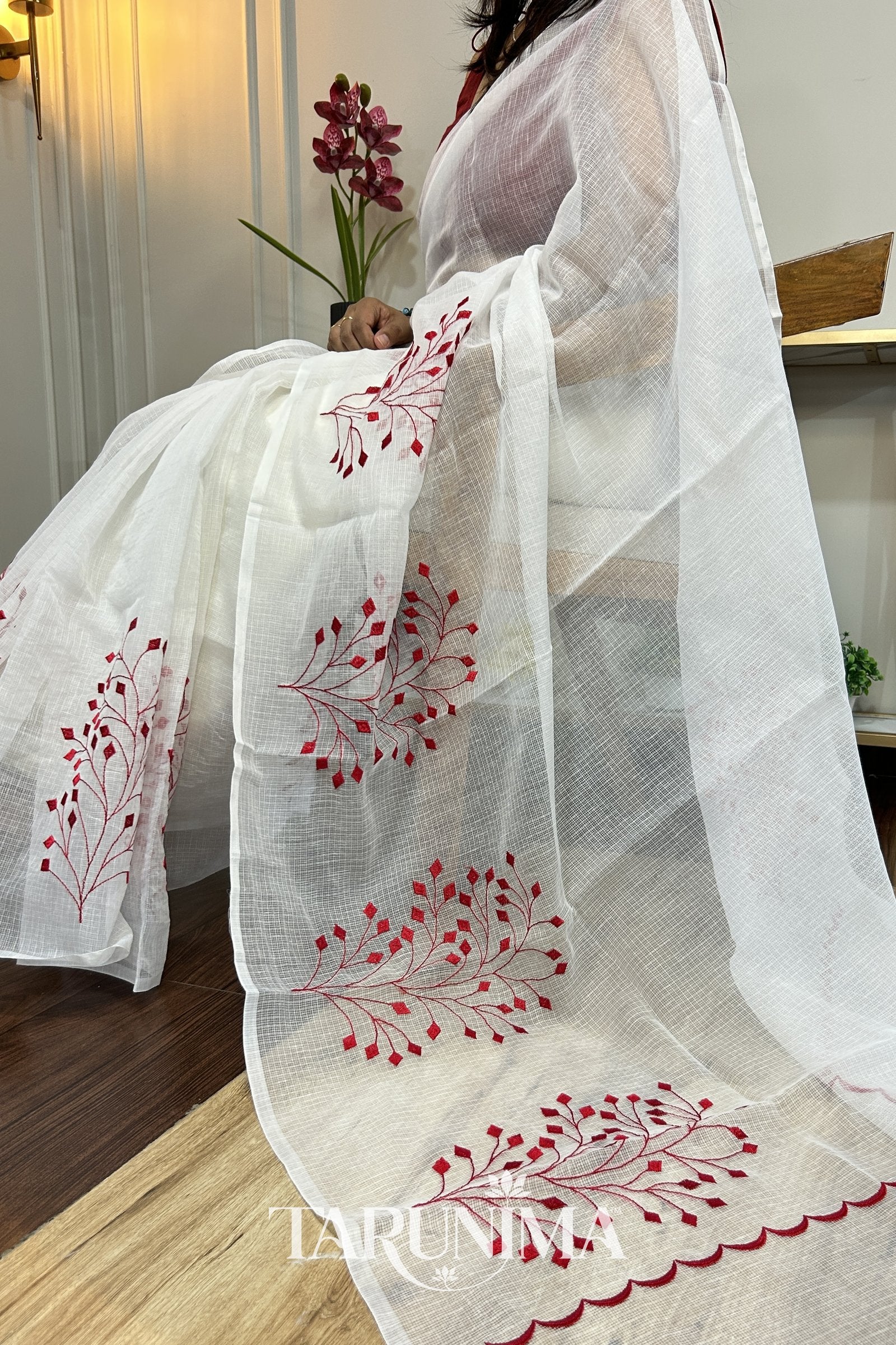 Red Grove - white Kota Doria with red embroidery
